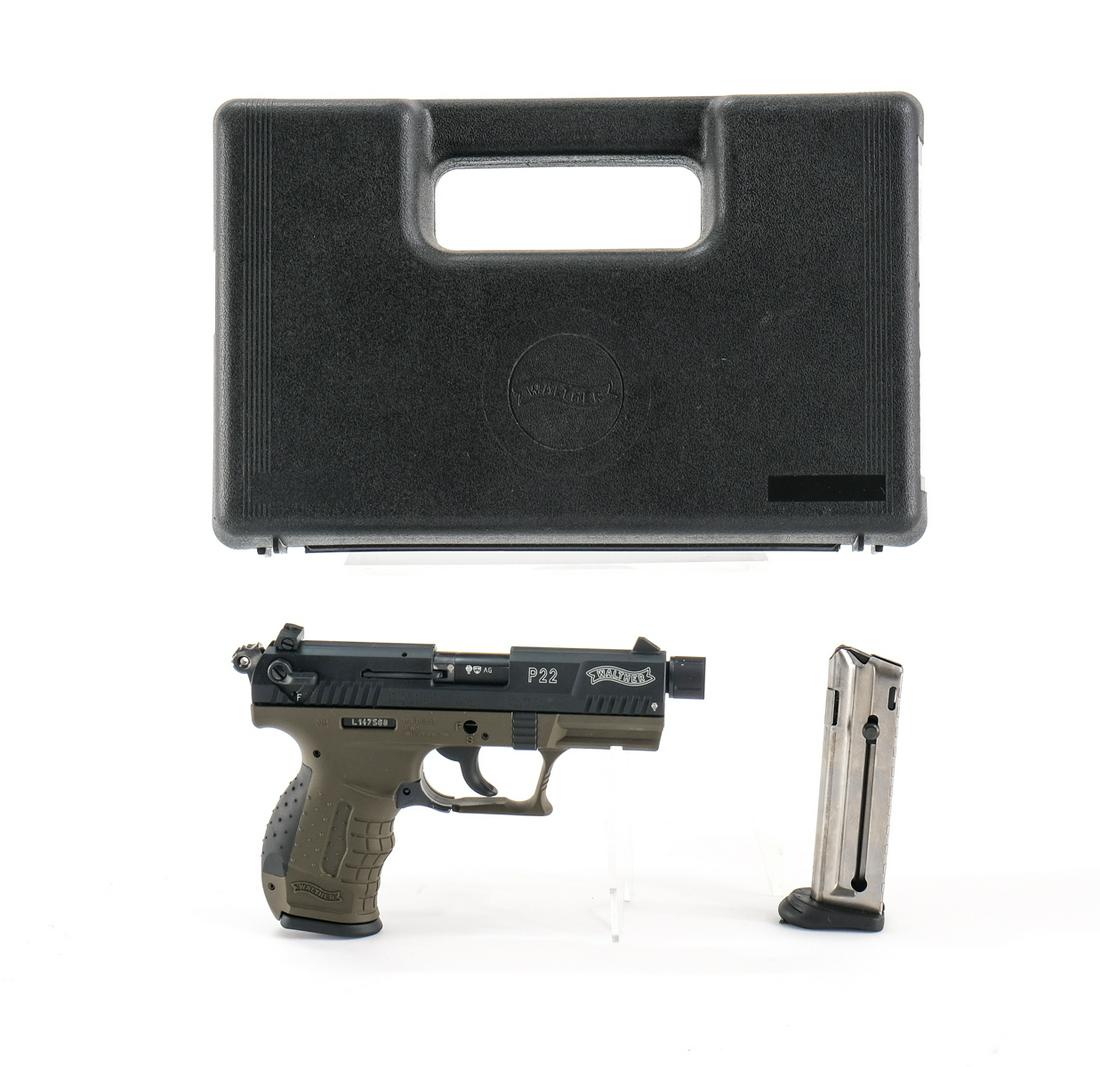 Walther P22 .22 LR Pistol: Walther model P22 in .22 long rifle with two, ten round removable magazines and a 3.4" barrel. This pistol was made in Germany and imported by Smith & Wesson out of Springfield Massachusetts. The oliv