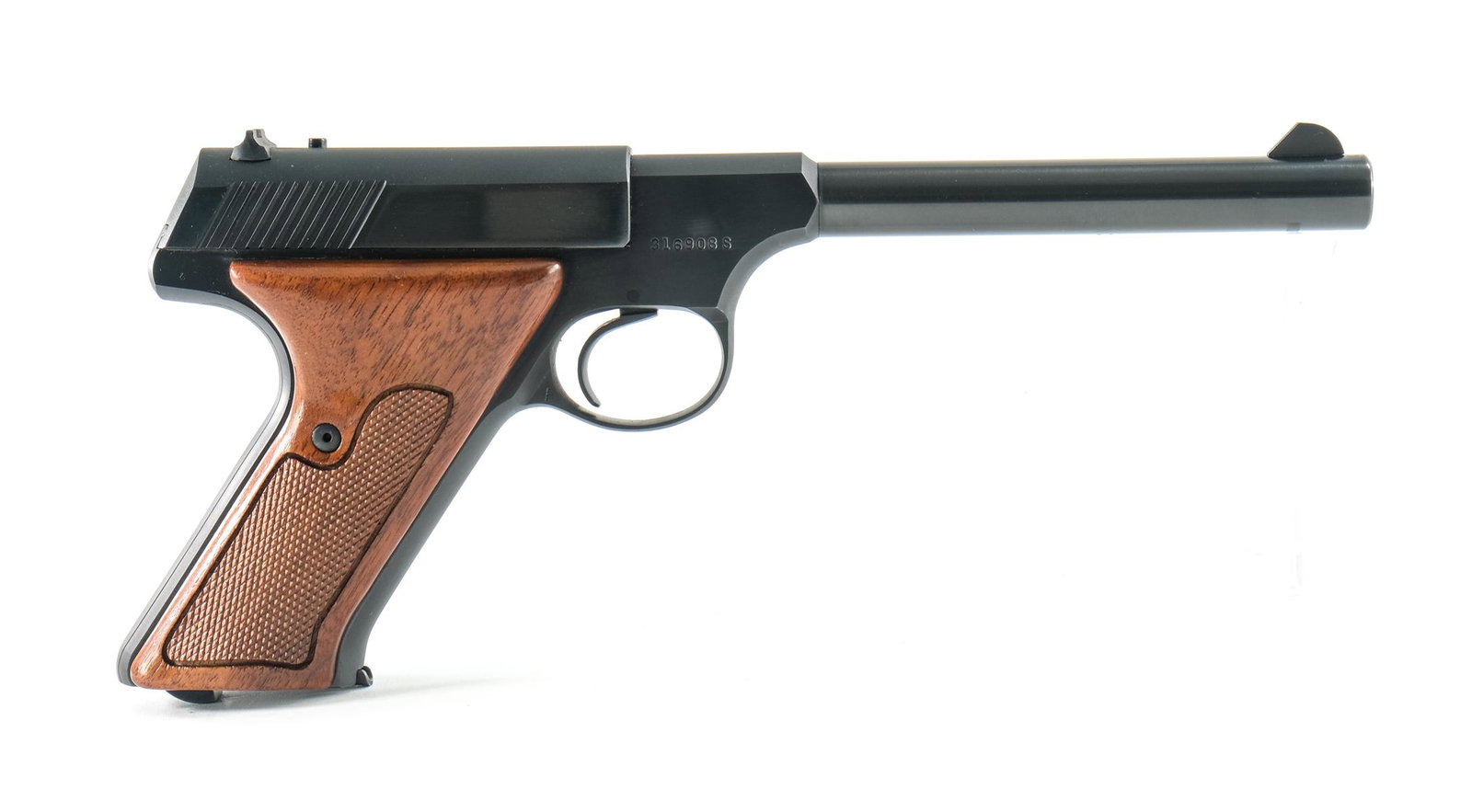 Colt Huntsman .22 LR Pistol: Colt Huntsman in .22 long rifle with a 6" barrel. Checkered wood grip plates, clean and free of wear or damage. Blued frame and slide with surface scuffs and very light scratches otherwise very clean.