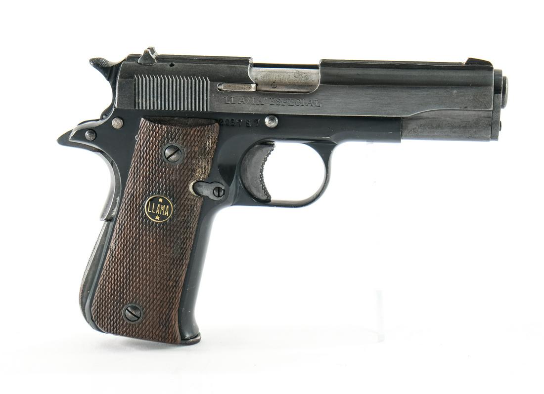 Llama Airlite .22 LR Pistol: Llama Especial Airlite in .22 long rifle with one, ten round removable magazine and a 3 3/4" barrel, made in Spain. "Llama" checkered wood grip plates with moderate all-over wear no cracks or chips. B