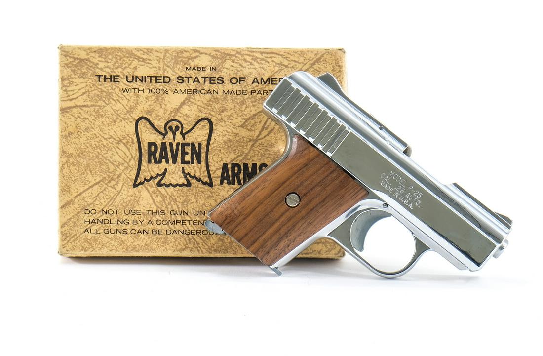 Raven Arms P-25 .25 ACP Pistol: Raven Arms model P-25 in .25 ACP with a six round removable magazine and a 2.5" barrel. The walnut grip plates are in excellent clean condition. The chrome frame has very little handling wear and no l