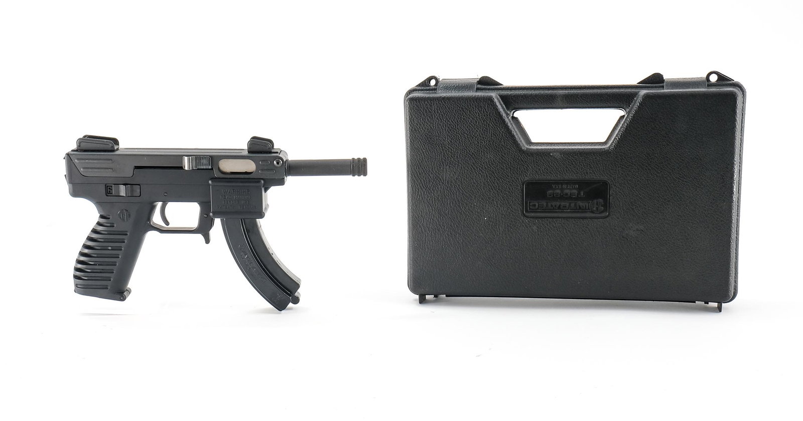 Intratec TEC-22 .22 LR Pistol: Intratec model TEC-22 in .22 long rifle with one, thirty round removable magazine and a 4" threaded barrel. The polymer grip frame has light handling wear no damage. Bottom of the grip opens for stora