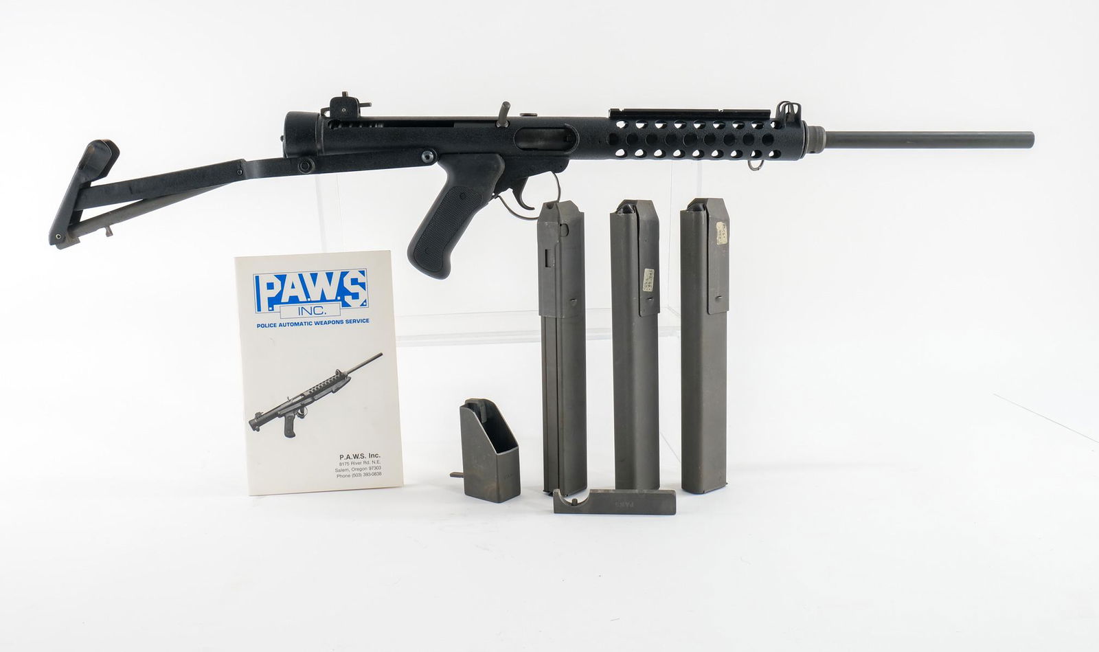 P.A.W.S. INC ZX8 .45 ACP Rifle: P.A.W.S. INC "Police Automatic Weapons Service INC" model ZX8 in .45 ACP with three parkerized 30 round stick magazines. This semi-automatic rifle with folding stock is in excellent condition with ver