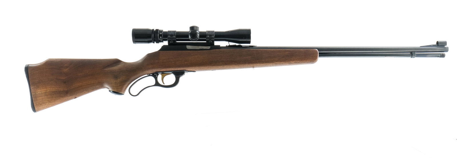 Marlin 57 .22 Mag Lever Rifle: Marlin model 57 in .22 Magnum with a 24" barrel. The plastic butt-plate is in very good clean condition with no damage. The one piece hardwood stock has very light scuffs and scratches throughout, no 
