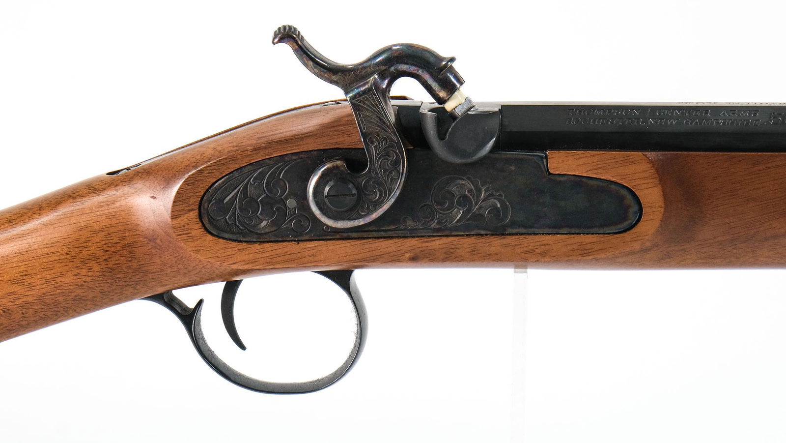 Thompson Center .50 Cal BP Rifle: Thompson Center Arms "Fox Ridge Outfitters" .50 caliber single shot black powder muzzle loader with a 22" barrel. The "TC" rubber butt pad is in very good condition no damage and very supple, needs a