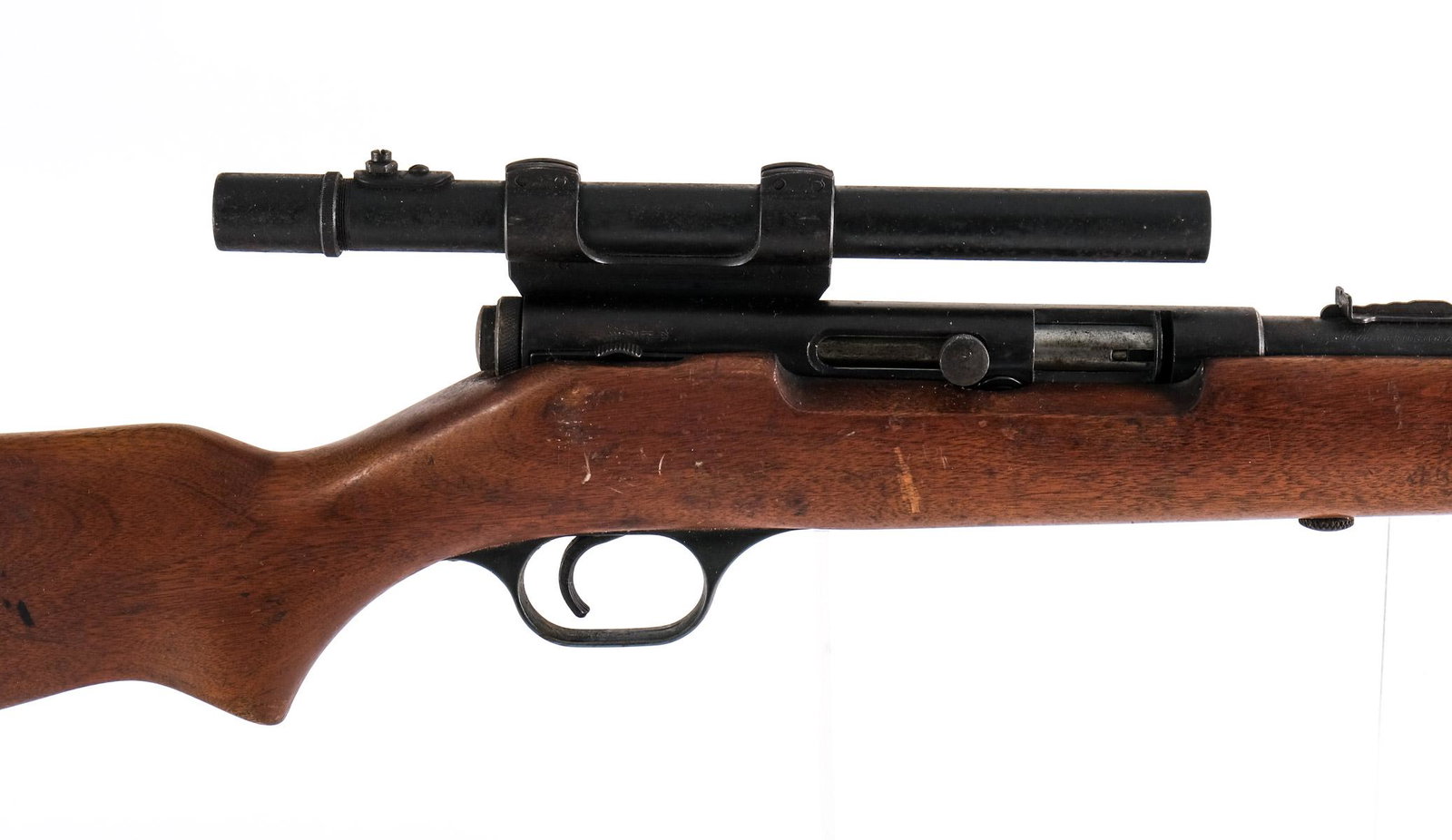 Springfield J. Stevens Arms 87A .22 Rifle: Springfield J. Stevens Arms model 87 A in .22 long, short, and long rifle with a 24" barrel. The plastic butt plate is in good condition with the mounting screws having a bit of metal oxidation. Wood 