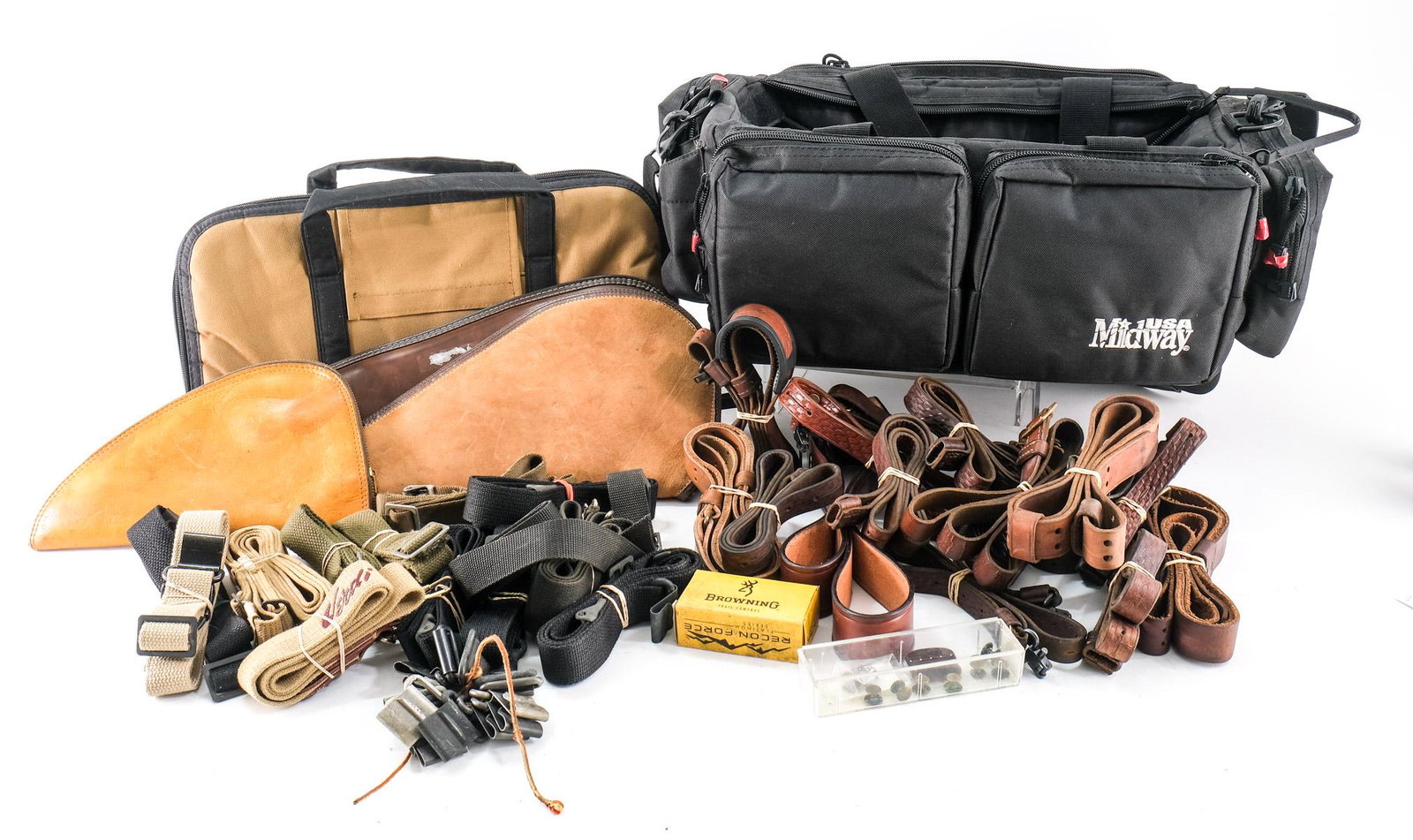Vintage Commercial, Military Slings & Cases: Large Lot of Vintage Commercial and Military Slings and Cases including 7 vintage tooled slings from Winchester model 88 rifles with Williams hardware, military web and leather, M1 Garand sling swivel