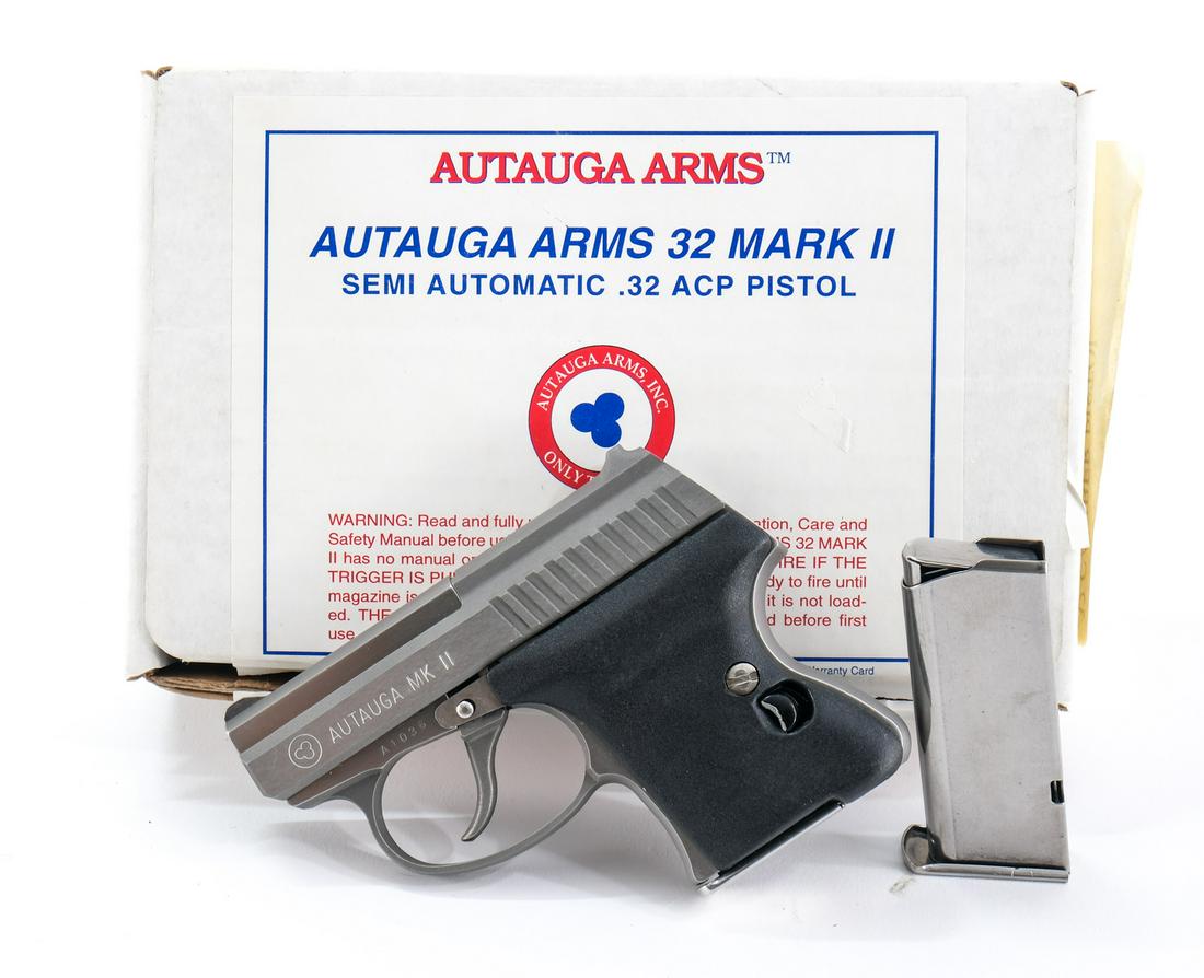 Autauga Arms 32 Mark 2 .32 ACP Pistol: Autauga model 32 Mark 2 in .32 ACP with a six round removable magazine and a 2" barrel. This plastic grip plates are clean and free of any wear. The polished steel frame has a few light surface scuffs