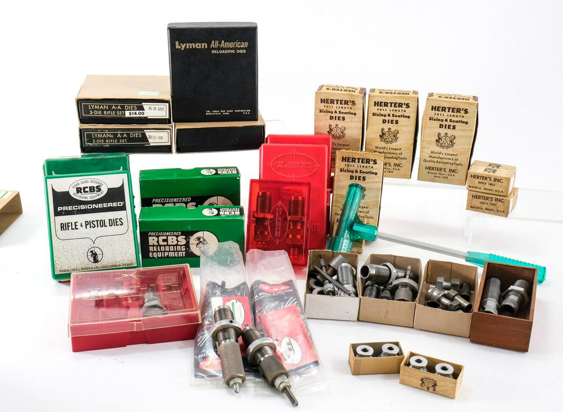 Large Lot of Assorted Reloading Dies and Tooling: Lot includes the following die sets: Herters .357, 444, 303 and 44; RCBS .243 Win, .357 Mag., .308 Win and .30-40 Krag; Lyman .38/357, .243 Win, .45 Colt, 30/30 and .45-70. Also included is a bullet p