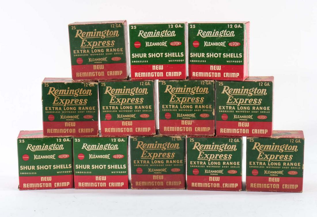 Vintage Remington 12 GA Shotgun Ammo: Large lot of vintage Remington Kleanbore Shur Shot and Express 12ga shotgun ammunition. Includes 11 full boxes and one which is short about 5 shells.