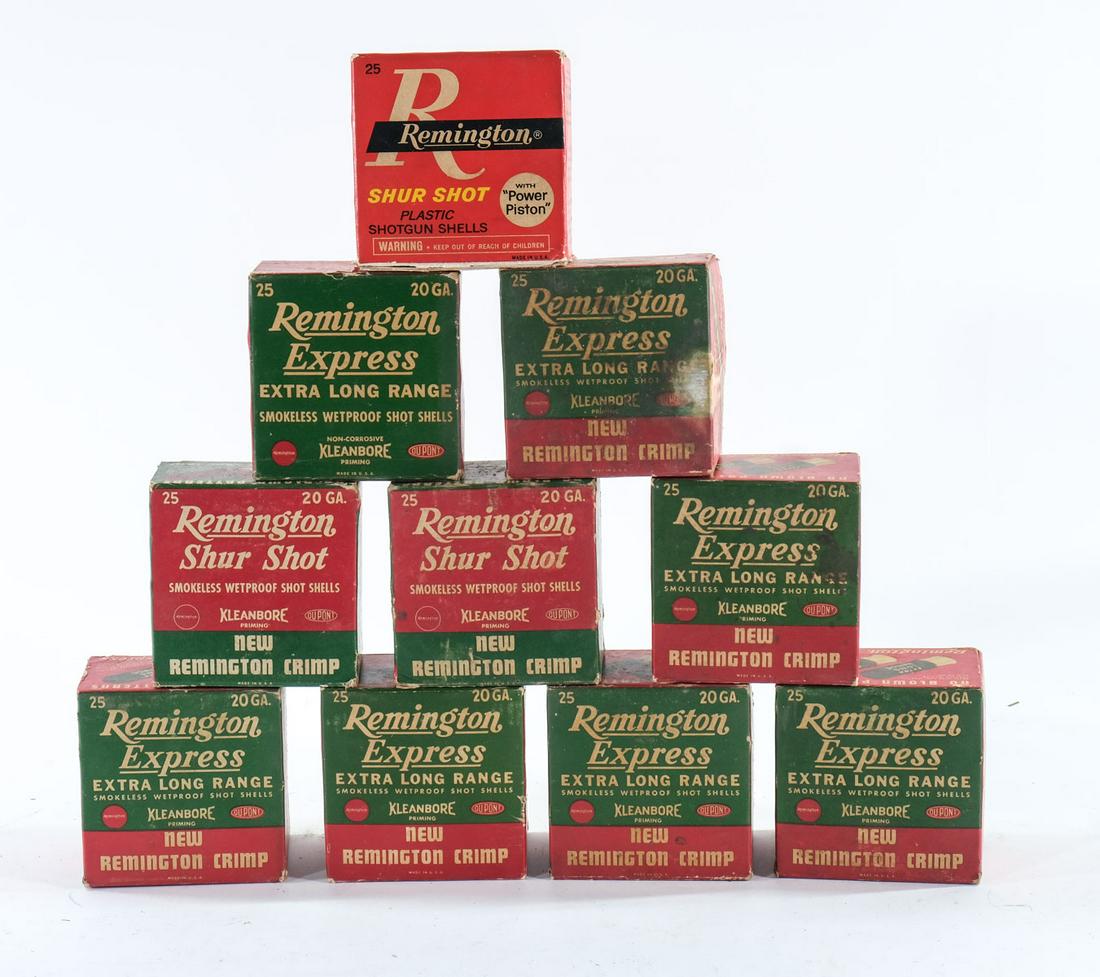 Vintage Remington 20 GA Shotgun Ammo: Large lot of vintage Remington Shur Shot and Express 20ga shotgun ammunition. Lot includes 10 full boxes of ammunition.