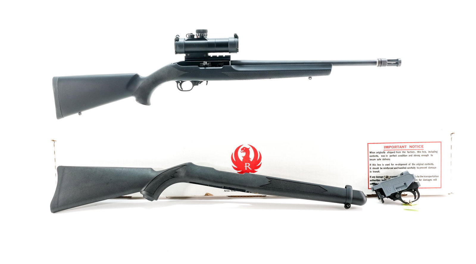 Ruger 10/22 Tactical .22 LR Rifle: Description Ruger 10/22 Tactical in .22 long rifle with a ten round removable rotary magazine and a 18" barrel with a 2.25" muzzle break. One piece polymer "Hogue" stock with a few light marks from ha