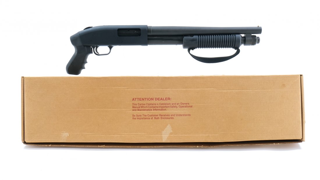 Mossberg 590 AOW 12ga Shotgun: Registered NFA weapon as a "AOW" (Any Other Weapon) and requires a $5 tax stamp and NFA approval. 14" plain cylinder choked barrel with single brass bead sight. Pistol grip stock. Made on a Mossberg 5