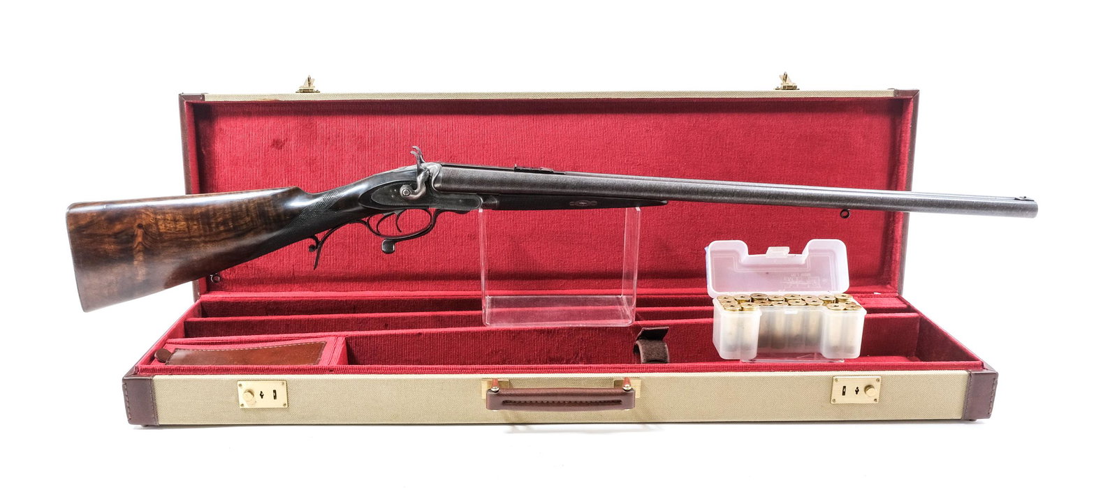 J. Aston Double Rifle .577 Snider: Description Hammer fired breech loading double rifle by J. Aston. Appears to be English proofed. Adjustable front sight, five leaf rear express sights graduating from 100 to 500. 25 3/4" Damascus barr
