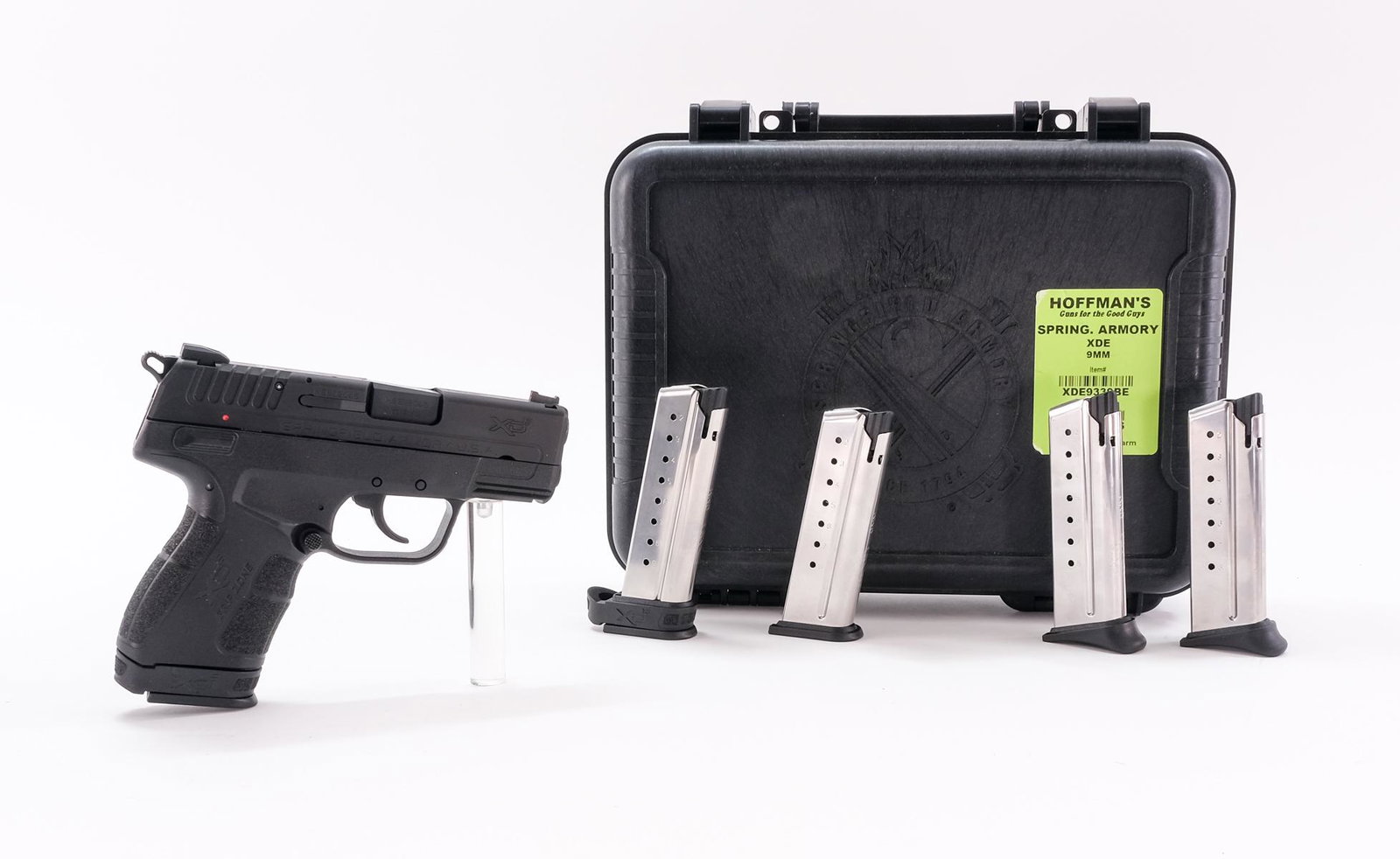 Springfield Armory XDE-9 .9mm Semi-Auto Pistol: Description Springfield Armory model XDE-9 in .9mm with five removable magazines and a 3.3" barrel. Three are eight round with two of them having finger extensions. Two are nine round without the tail