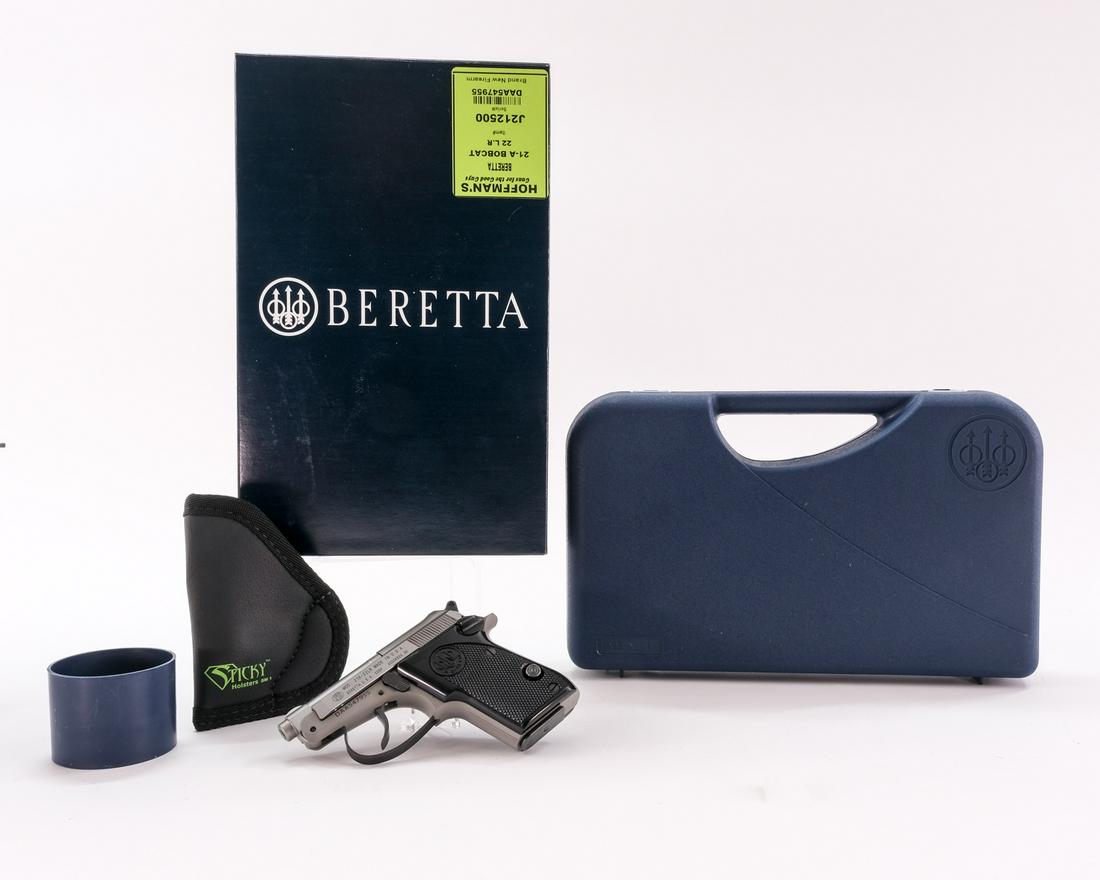 Beretta 21A "Bobcat" .22 LR Auto Pistol: Description Beretta model 21A "Bobcat" in .22 long rifle (7rd) with one removable magazine and a 2.5" barrel. Plastic checkered grip plates. Left side rear frame safety switch. Stainless steel barrel 