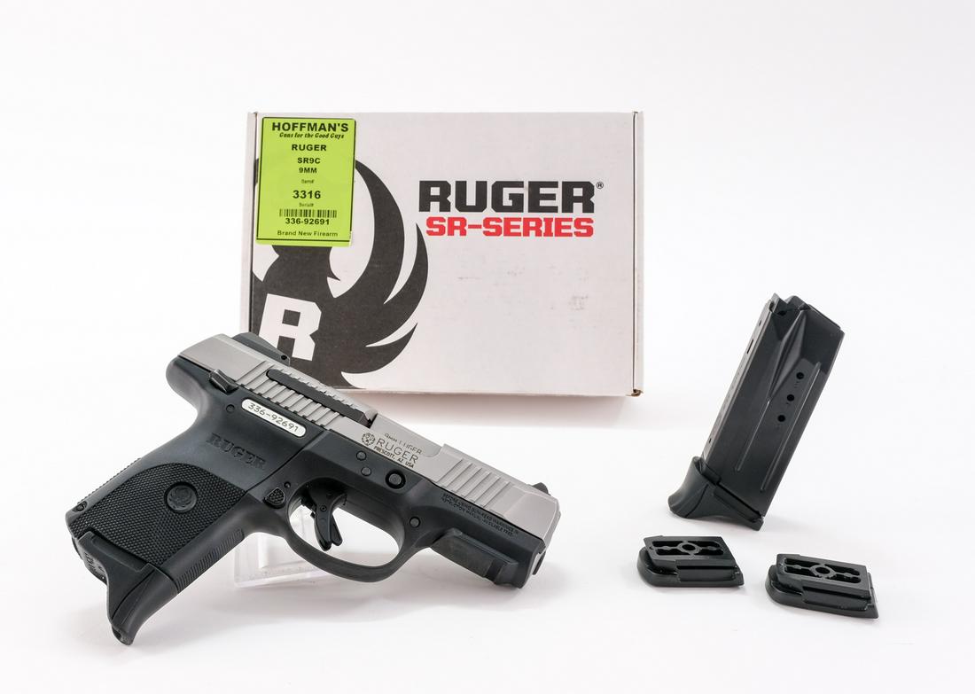 Ruger SR9C 9mm Semi-Auto Pistol: Description Ruger model SR9C in 9mm with two, ten round removable magazines and a 3.5" barrel. Composite frame with checkered grips. Ambidextrous safety toggle on the back of frame. Ambidextrous magaz