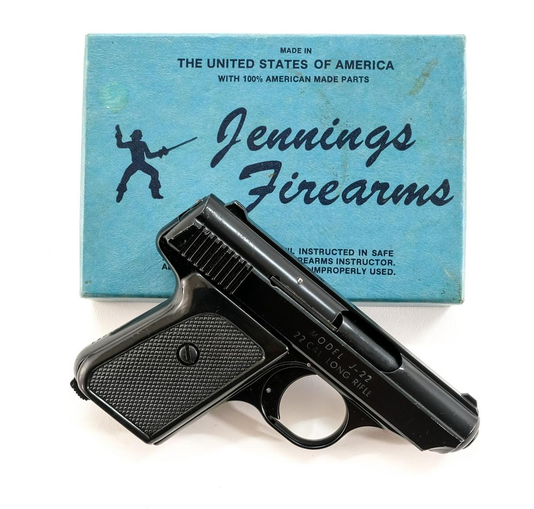 Jennings J-22 22 LR. Semi-Auto Pistol: Description Jennings model J-22 in 22 long rifle missing its removable magazine with a 2 1/2" barrel. Plastic checkered hand grip plates. Black finished alloy frame and slide. Left side of frame mount
