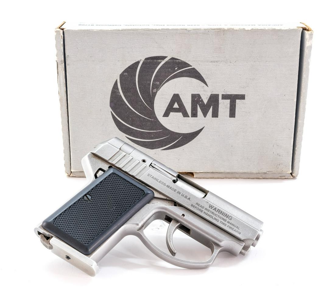 AMT Back Up 9mm Kurz 380 Semi-Auto Pistol: Description AMT Back Up in .9mm Kurz 380 with one, five round removable magazine and a 2 1/2" barrel. Plastic checkered grip plates. Stainless steel frame and slide. Smooth trigger and magwell button 