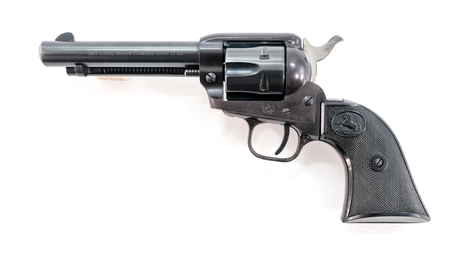 Colt Frontier Scout .22 LR Revolver: Description Colt Frontier Scout in .22 long rifle with a six shot capacity and a 4 5/8" barrel. Plastic checkered grip plates. Blued frame, cylinder and barrel. Checkered hammer and smooth trigger. Fr