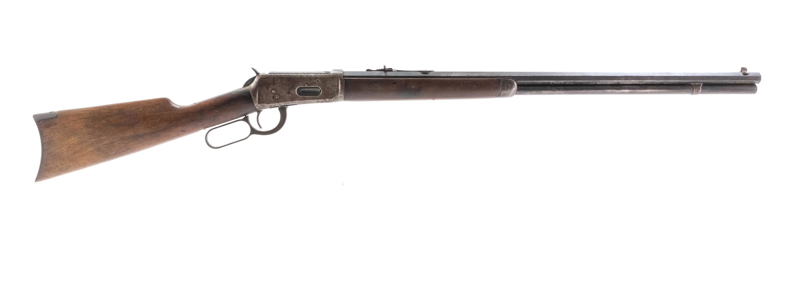 Winchester 1894 30 W.C.F 1920 Lever Rifle: Description Winchester model 1894 in .30 W.C.F (Winchester Center Fire) with a nine round capacity and a 26" octagonal barrel. Metal butt plate, moderate wear and metal oxidation. Wood butt stock, hea
