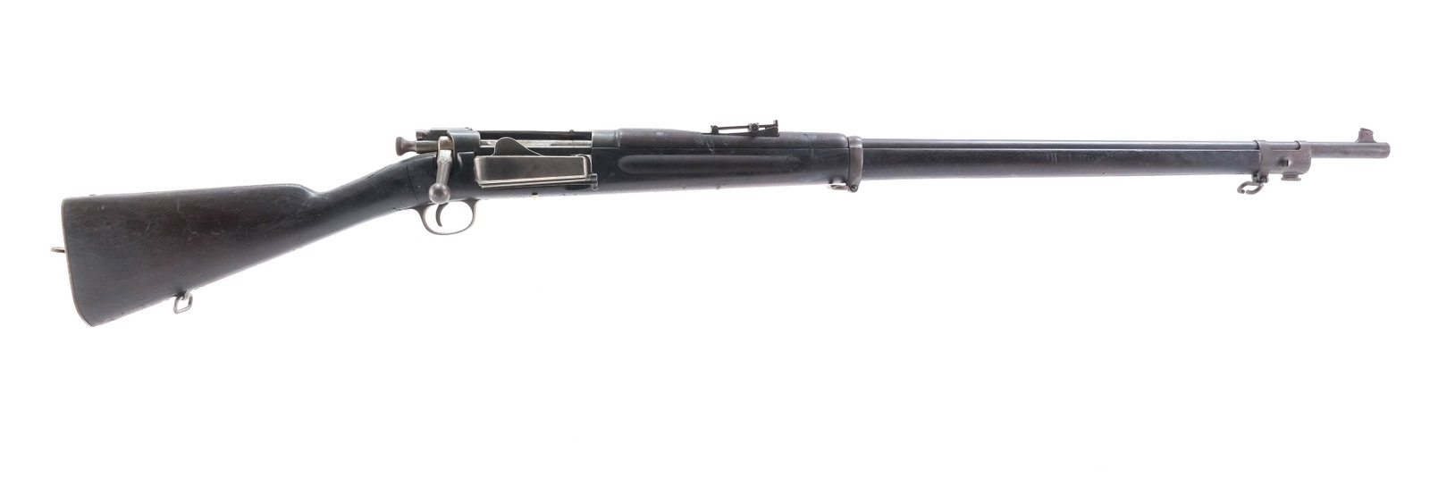 U.S. Springfield 1894 .30-40 KRAG Bolt Rifle: Description U.S. Springfield model 1894 "Krag Jorgensen" in .30-40 KRAG with a five round internal magazine capacity and a 30" barrel. Metal butt plate with door for cleaning tools is empty, plate has