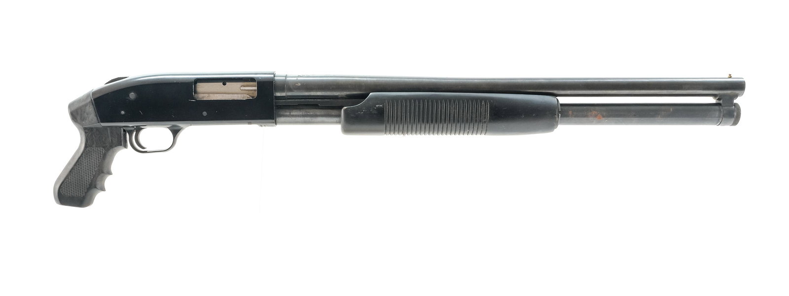 Mossberg 500 ATP 12 GA Pump Shotgun: Description Mossberg model 500 ATP in 12 gauge 2 3/4"-3" with a five round capacity and a (CYL) choke, 20" barrel. Composite pistol grip and solid wood serrated front foregrip. Black receiver, blued b