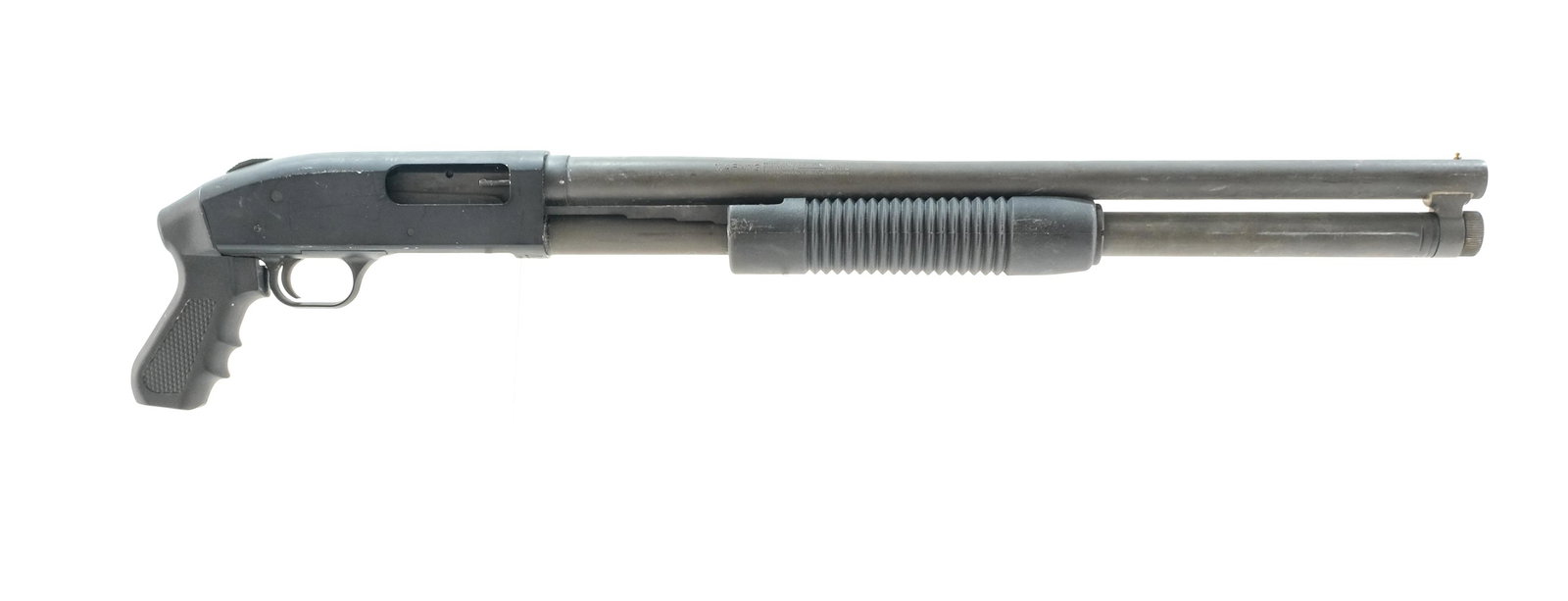 Mossberg 500 12 GA Pump Shotgun: Description Mossberg model 500 in 12 gauge 2 3/4"-3" with a five round capacity and a 20" (CYL) choked barrel. Composite pistol grip and serrated front foregrip. Black receiver with slide button safet