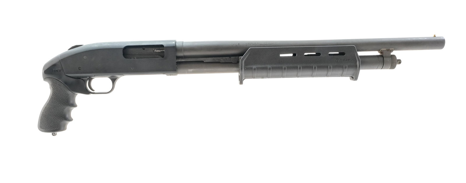 Mossberg 500 12 GA Pump Shotgun: Description Mossberg model 500 in 12 gauge 2 3/4"-3" with a five round capacity and a 19" (CYL) bore barrel. "Hogue" rubber and composite pistol grip. Black receiver, barrel and magazine tube. "Magpul