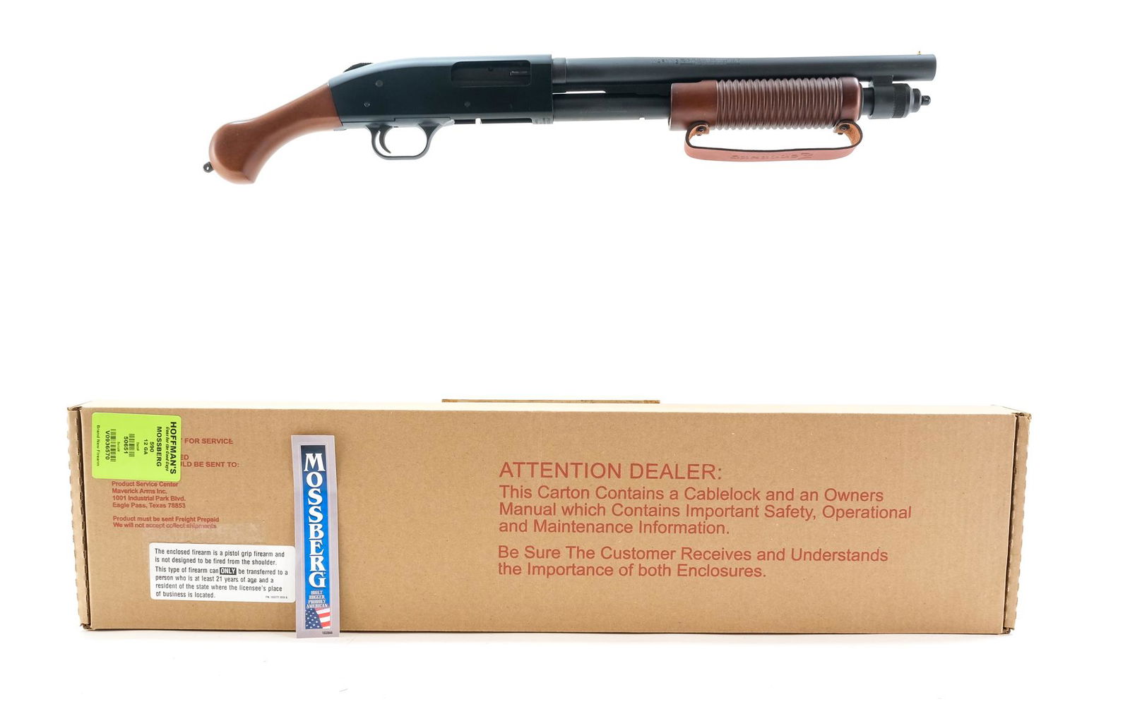 Mossberg 590 12 GA Pump Shotgun: Description Mossberg model 590 in 12 gauge 2 3/4"-3" with a four shell capacity and a 14.5" (CYL) bore barrel. Small wood rear pistol grip and front corn cob serrated foregrip. Black receiver, barrel