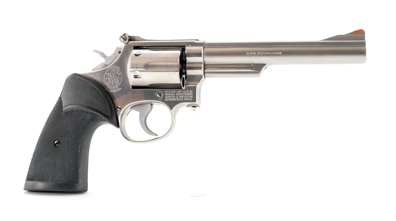 Smith & Wesson 66-1 .357 MAG Revolver: Description Smith & Wesson model 66-1 in .357 Magnum with a six shot capacity and a 6" barrel. "Pachmayr" checkered rubber grip plates. Stainless steel frame, cylinder and barrel. Target checkered ham
