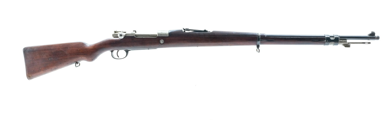 Argentina Mauser 1909 7.65x53mm Bolt Action Rifle: Description Argentinan Mauser model 1909 in 7.65x53mm with a five round capacity and a 29" barrel. Metal butt plate, solid hardwood stock and foregrip. Blued trigger guard, magazine plate and barrel. 