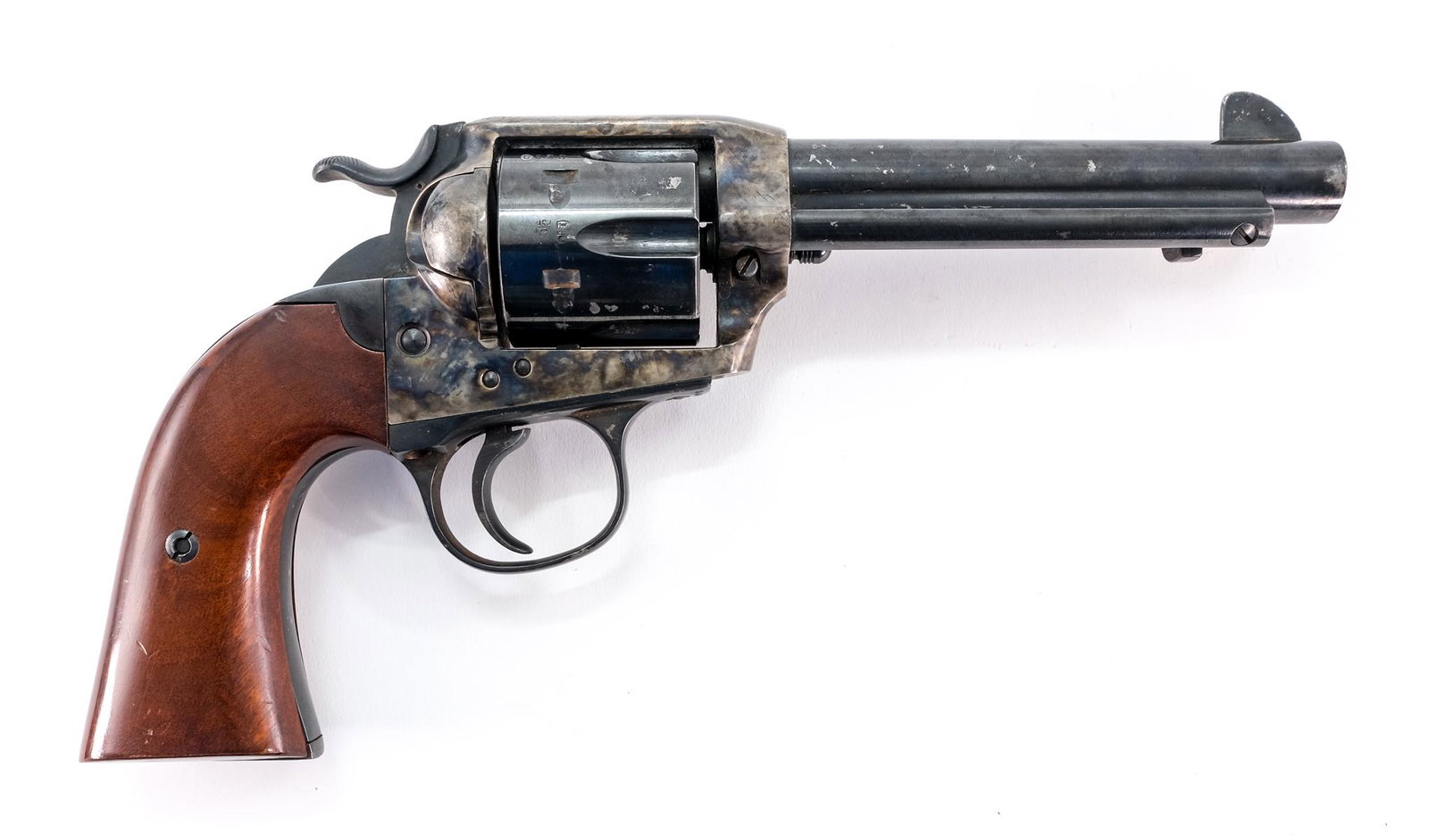Adler/EMF Hartford CT Bisley .45 Colt Revolver: Description Adler/EMF Hartford CT Bisley Style model in .45 Colt with a six round capacity and a 5.5" barrel. Solid wooden grip plates. Case colored frame, blued cylinder, barrel and trigger guard. Fi