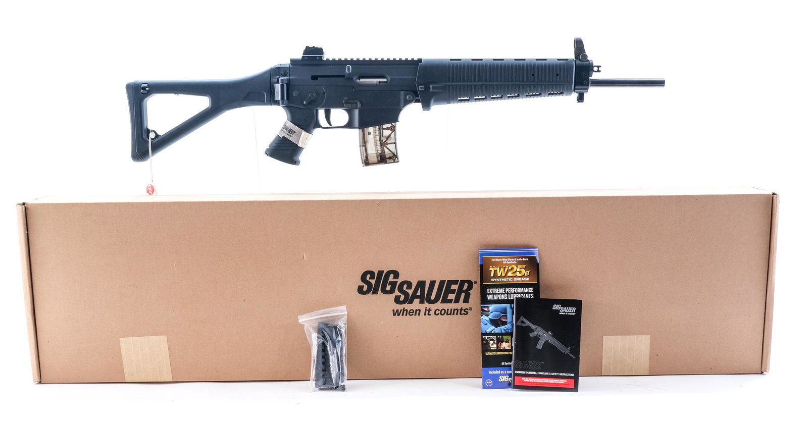 Sig Sauer 553 .22 LR. Semi-Auto Rifle: Description Sig Sauer model 553 in .22 long rifle with a ten round removable magazine and a 18" barrel. Composite butt stock, front foregrip and receiver. Adjustable rear sight and hooded front fixed 