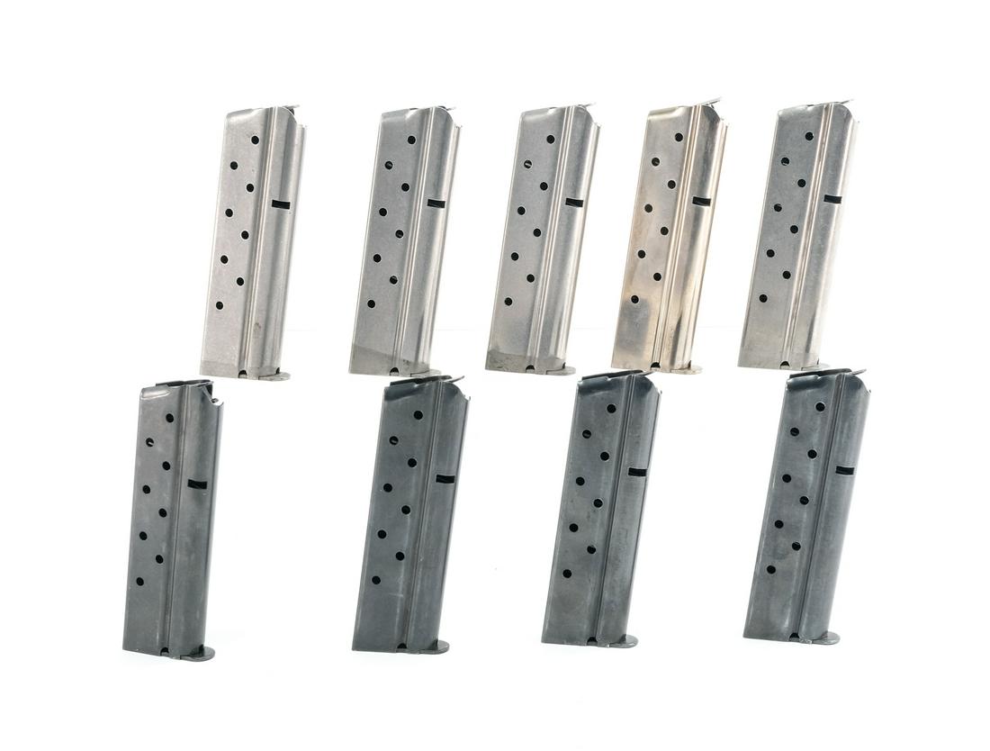 Nine Original Colt .38 Super 1911 Magazines: Description Four Blued, and Five Steel Original Colt Super .38 Auto Magazines. Each 9 rounds. Base plates Vary with "M" and "S" stamps. VG+ Condition.