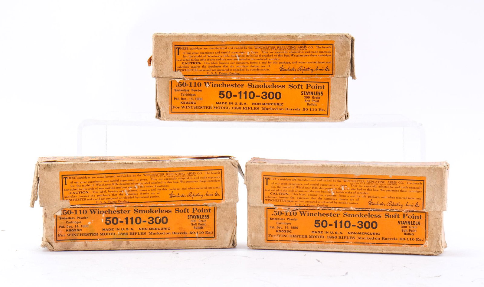 .50-110 Winchester Ammo 58Rds: Description This lot is for three boxes of 50 110 caliber ammunition. Winchester smokeless soft point 300 grain. Two boxes are full and the third is missing two rounds for a total of 58 rounds. The bo