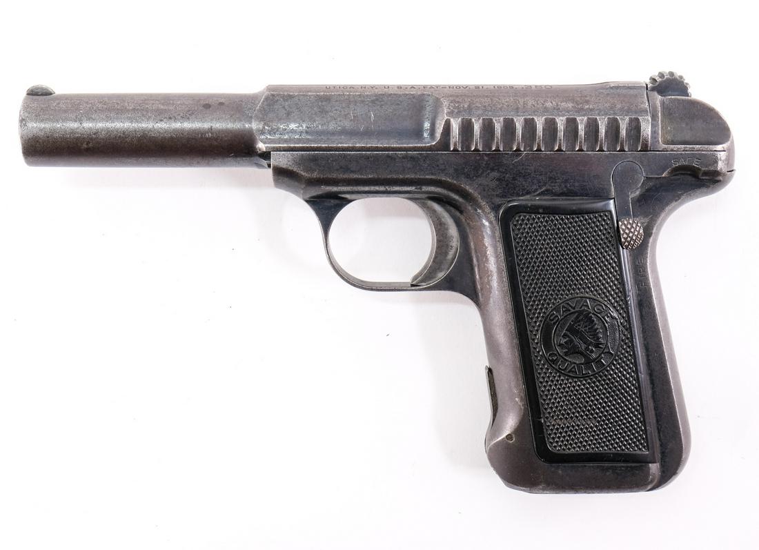 Savage 1907 .380 Semi Auto Pistol: Description Savage model 1907 in .380 caliber with one, nine round removable magazine and a 4" barrel. Plastic checkered grip plates. Blued frame, serrated hammer, slide and barrel. Smooth trigger. Fi