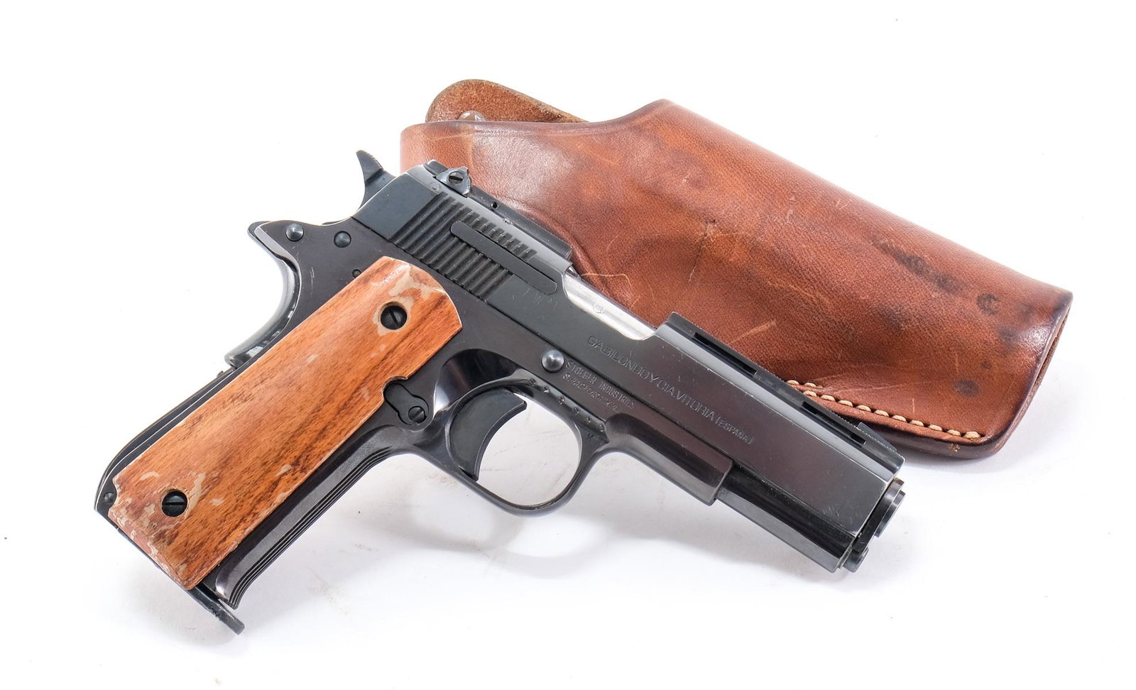 Llama 111-A .380 Semi Auto Pistol: Description Llama model 111-A series 4 in .380 with one, eight round removable magazine and a 4" barrel made in Spain and imported by "Stoeger Industries Hackensack N.J." Aftermarket solid wood grip p