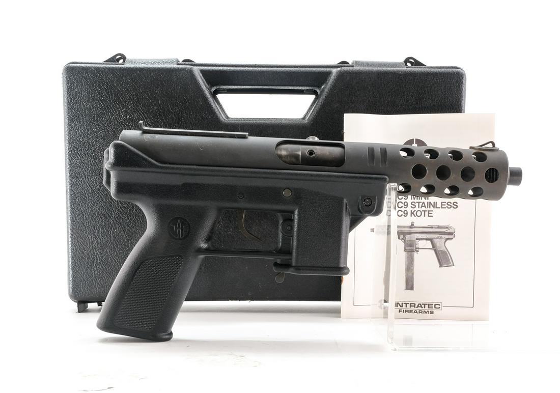 Intratec Tec-DC9 9mm Semi-Auto Pistol: Description Intratec Tec-DC9 (Post Tec-9) in 9mm missing its removable magazine with a 5" threaded barrel. Checkered polymer grip on the frame. Parkerized finished receiver and barrel shroud. Blued bo