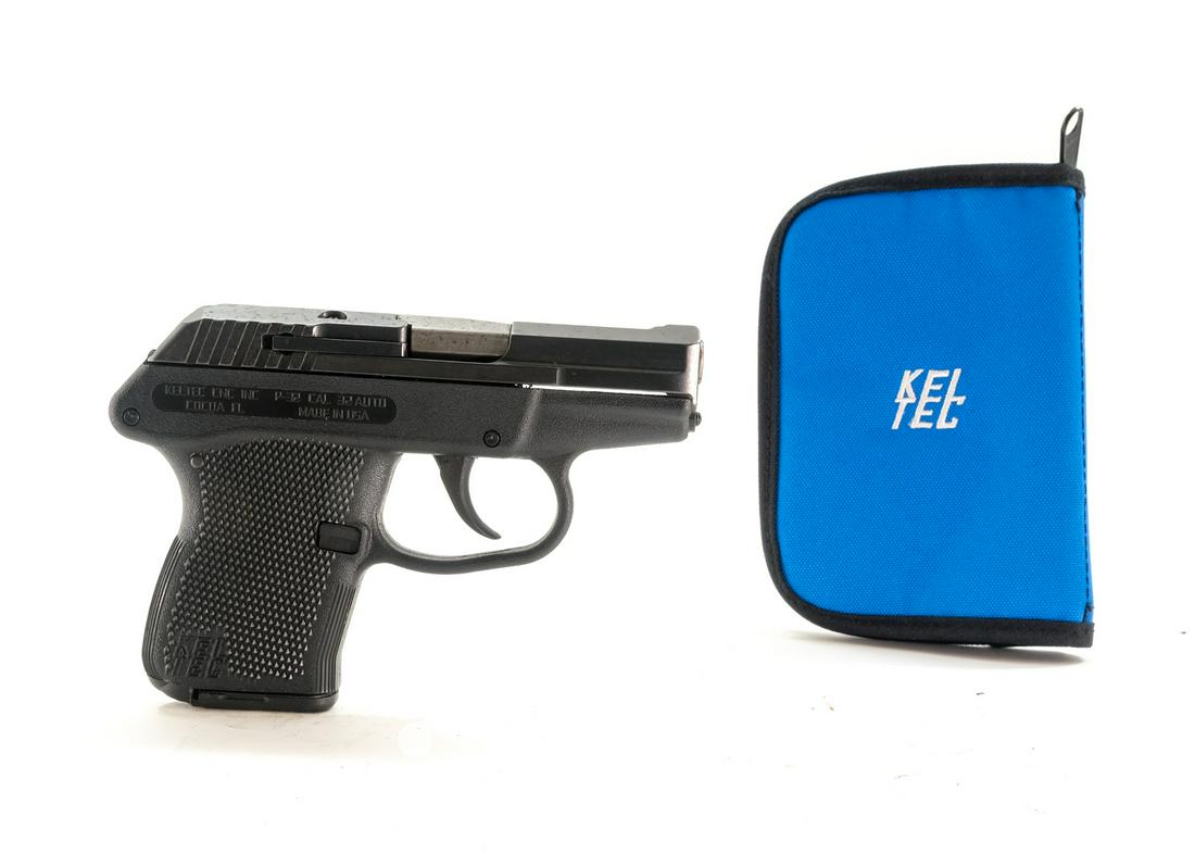 Keltec P-32 .32 Auto Semi-Auto Pistol: Description Keltec model P-32 in .32 Auto with one "Mec-Gar" seven round removable magazine with a 2.5" barrel. Checkered polymer frame and trigger. Left side of grip magazine release button. Fixed wh