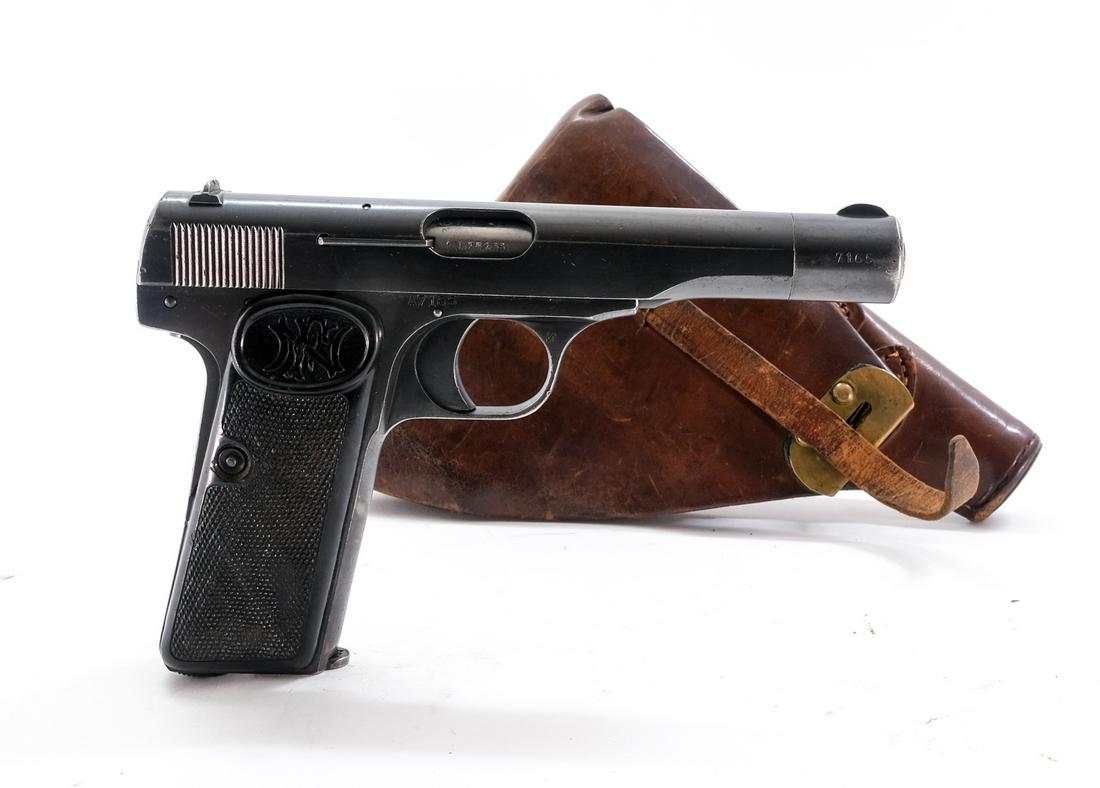 FN 1910/22 7.65mm Semi-Auto Pistol: Description FN (Fabrique Nationale D Armes DE Guerre Herstal Belgique) model 1910 / 22 in 7.65mm or .32 ACP with (3) FN 7.65mm marked removable magazines with a 4.5" barrel. FN checkered plastic grip 