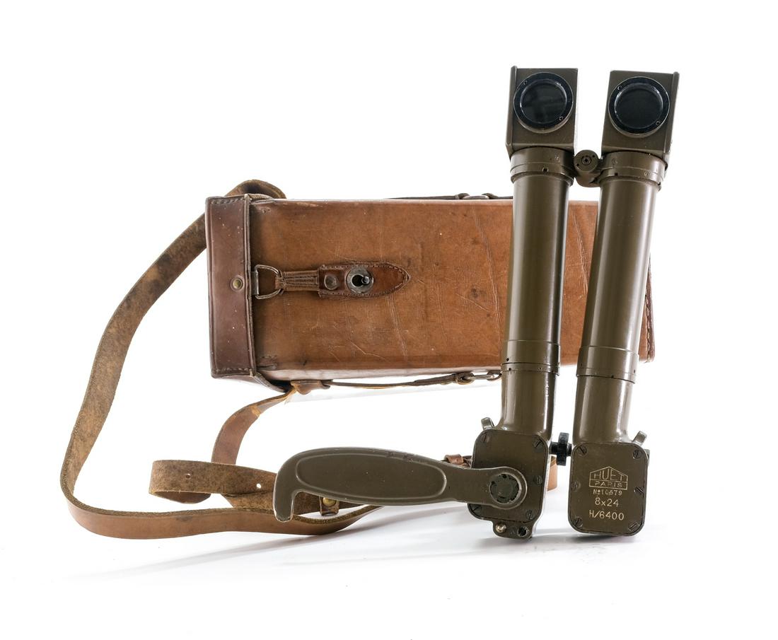 French Huet Trench Binoculars 8x24: Description French made Huet Trench binoculars also called: (Rabbit Ears, Donkey Binocular's, Scissor Binoculars, Periscope). Marked Huet Paris No. 10579 8x24 H/6400 39777. Green finished frame. Retra