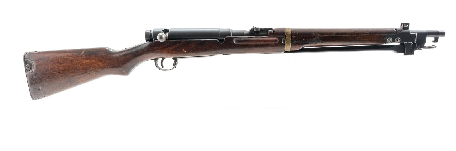Japanese Arisaka Type 44 Carbine Rifle: Description Japanese Arisaka Type 44 Carbine in 6.5x50mm with a five round internal capacity and a 19" barrel. Metal butt plate with cleaning rod door (Empty). Solid wood stock and foregrip. Blued rec
