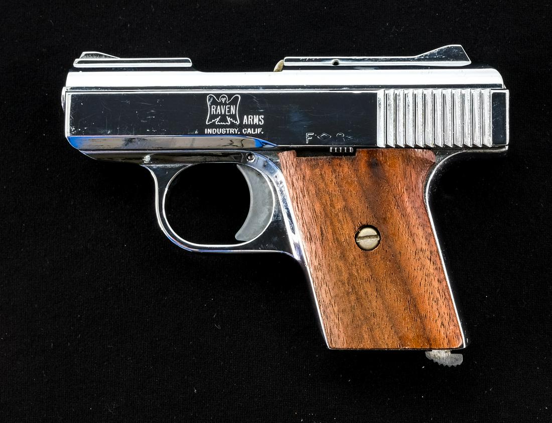 Raven MP-25 .25 Auto Semi-Auto Pistol: Description Raven Arms model MP-25 in .25 Auto missing its magazine with a 2 1/2" barrel. Solid wooden smooth walnut grip plates. Alloy frame and slide with a chrome finish. Fixed sights and frame mou