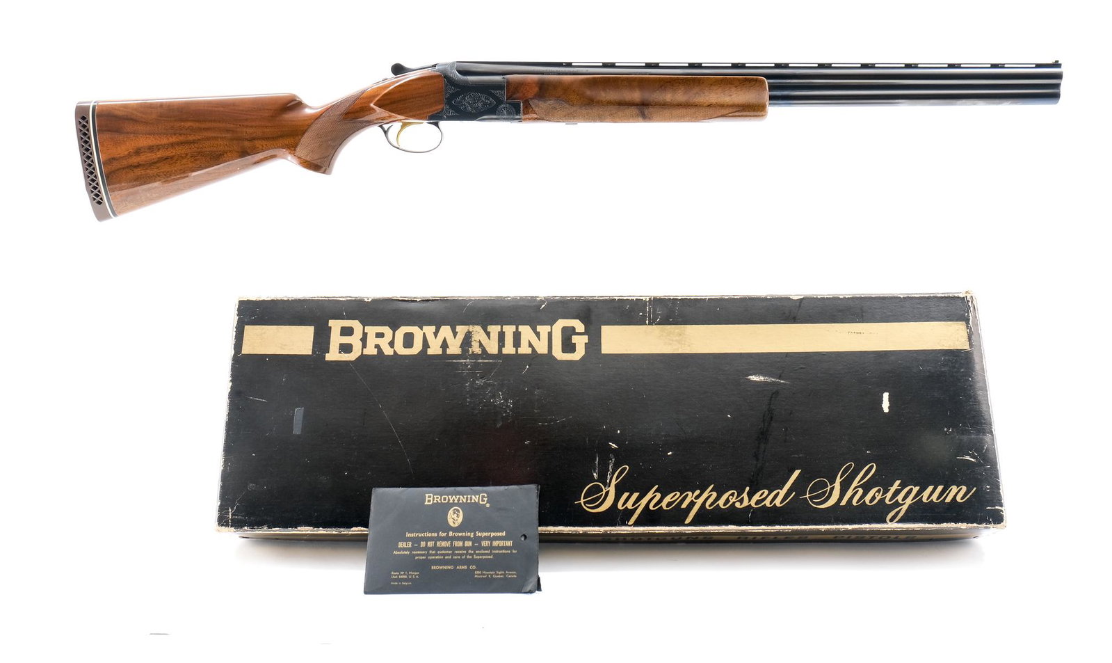 Browning Lightning Superposed Skeet 12ga Shotgun: Description Belgian made in 1970, this is a fine example of a Browning Lightning Skeet Superposed. 26.5" vent rib barrel. White bead front and middle sight. Choked Skeet & Skeet. Single selective trig