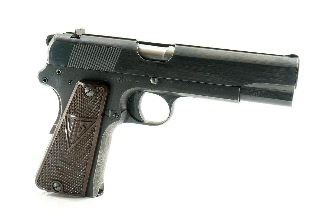 F.B. Radom Model 35 Type II Semi Auto Pistol 9mm: Description WWII FB Radom model 35 semi auto pistol chambered in 9mm. This late war type II, two lever example features a 4-3/4" barrel with fixed front blade and dovetailed v-notch rear sight, blued 