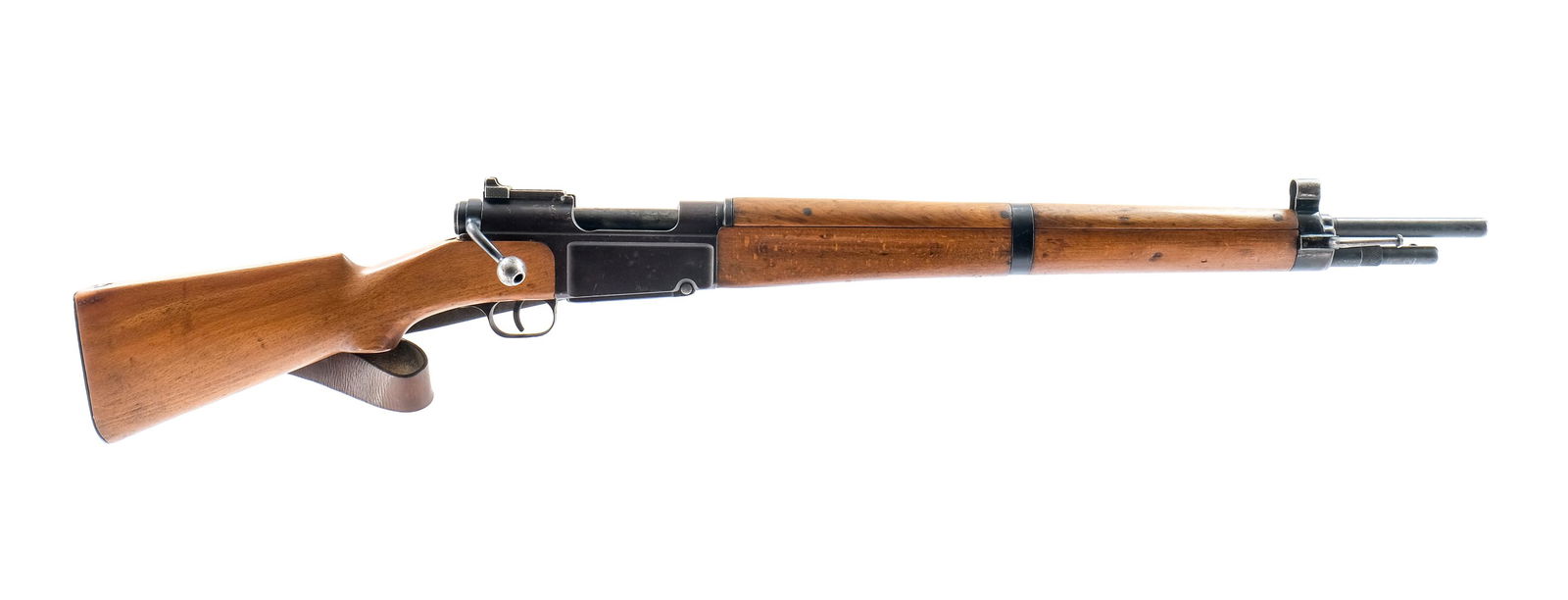 MAS Modele 36 Bolt Action Carbine 7.5x54: Description French MAS Model 36 bolt action rifle chambered in 7.5x54 French. This carbine length rifle features a 23" barrel with hooded fixed front and tangent rear sight, wartime finished receiver
