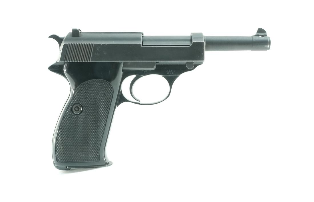 Manurhin Pistolet P1 9mm Semi Auto Pistol: Description Manurhin Pistolet model P1 semi auto pistol chambered in 9mm. This post war variation of the P38 features a 5" barrel with dove tailed front blade and u-notch rear sight, steel slide in ma