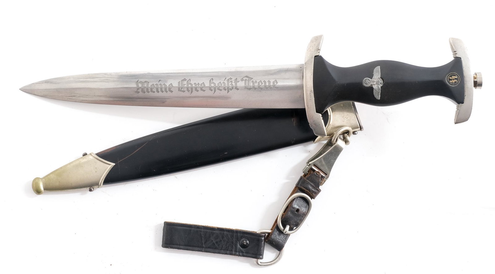 WWII German Third Reich SS Officers Dagger: Description Original World Ward Two Elite Guard SS Dress Dagger with black wood grip, painted black steel scabbard, and SS 807/36 RZM Acid-Etched Blade with Meine Ehre Heisst Treue motto. Includes Lea