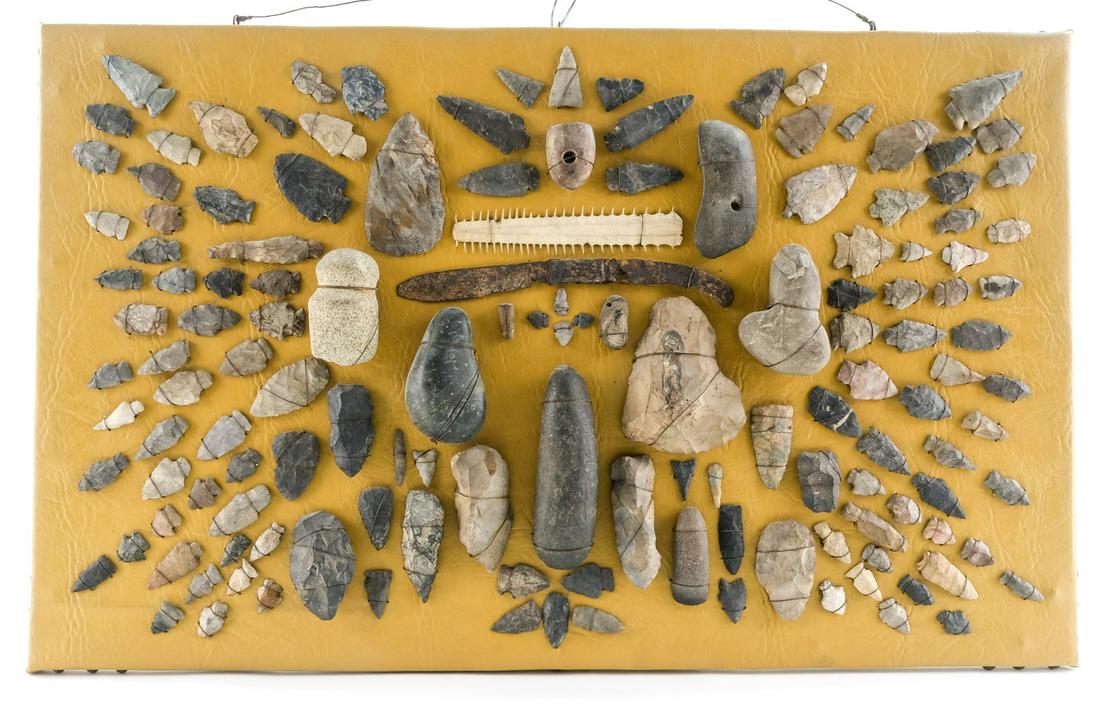 Mounted Arrowhead & Artifact Collection: Description over 125 pieces including Native American Arrowheads, Spear Points, hand tools, a dug folding knife, sawfish bill, and other objects. Per included family letter of provenance, these were h