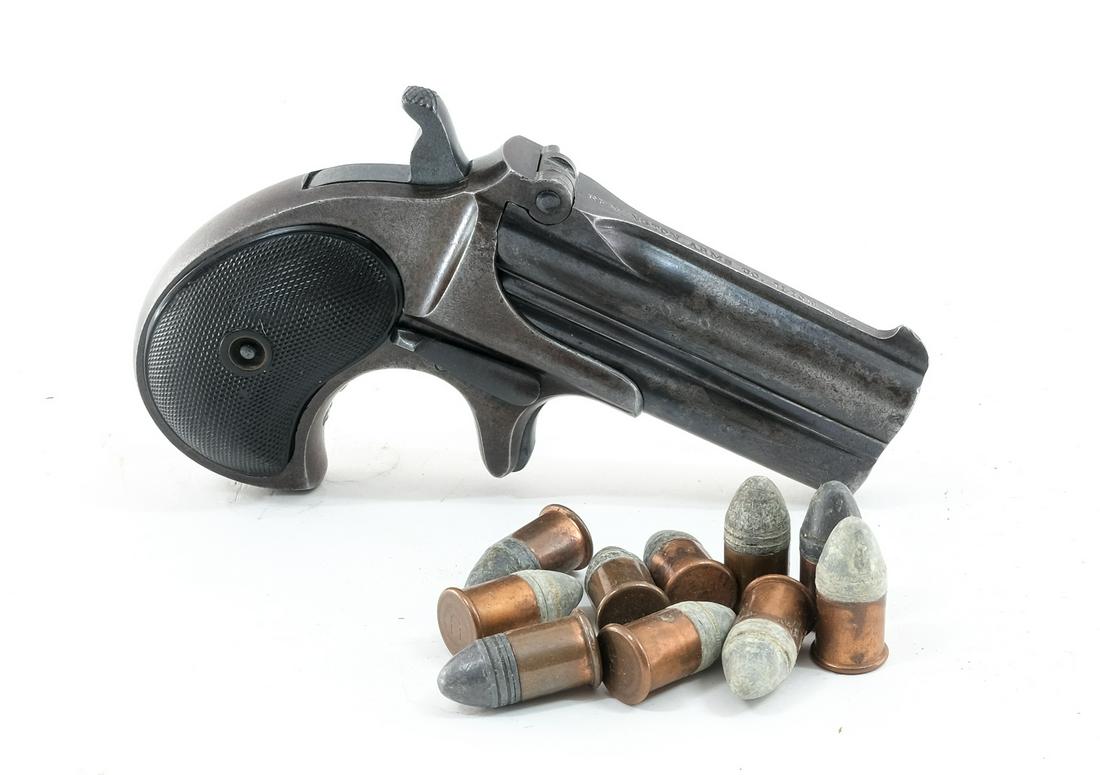 Remington 95 .41 3rd Model Derringer Pistol: Description Remington Model 95 Double Derringer in .41 caliber rim fire with a two shot capacity and a 3" over under double barrel. Third Model made in 1888. Checkered composite grip plates. Blued fra